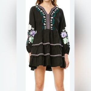 Roller Rabbit Black Mini Dress with Floral Embroidery